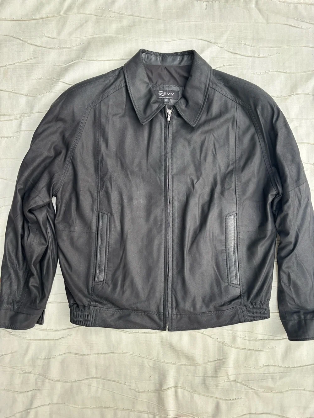 REMY Black Leather Bomber Jacket Men's Size 38 Lambskin Leather